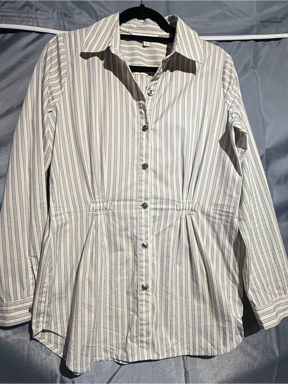 CAbi White Button-Down Shirt with Gray and Blue Stripes